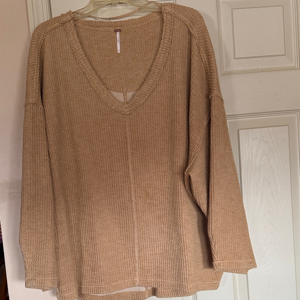 Free People Ribbed V-Neck Sweater in Camel Beige